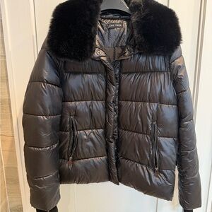 Love Token Charcoal Puffer Jacket with Faux Fur Collar